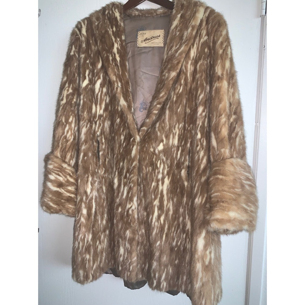 Vintage Furs by Andrus Real Mink Fur Coat Brown Cream Spotted Shawl Collar M L